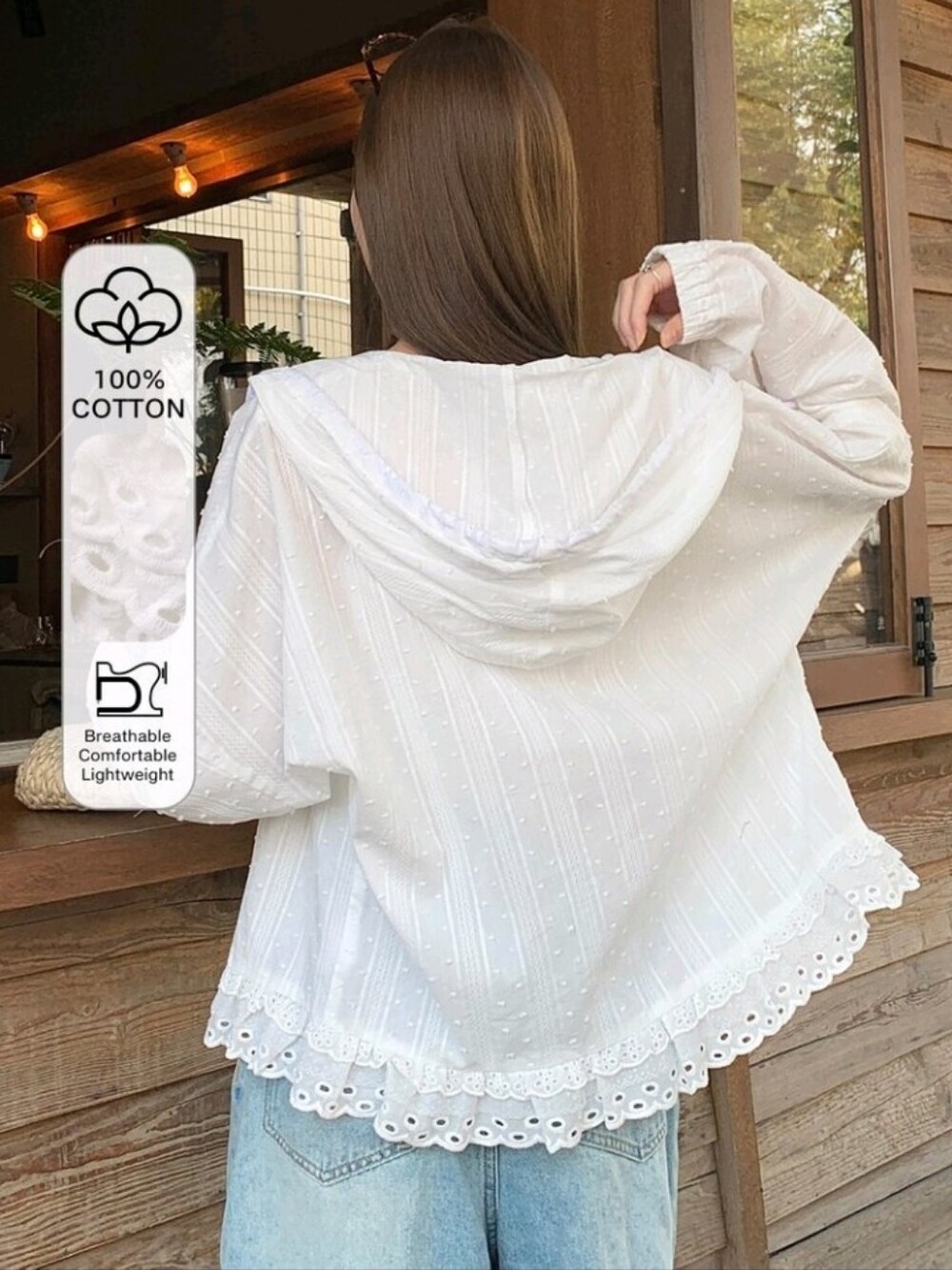 Women's Hooded Long Sleeve Loose Textured Fabric Lace Patchwork Casual Vacation